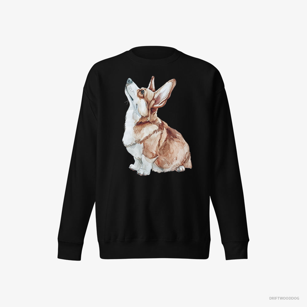 Corgi Sweatshirt – Women Black Sweatshirt Eco-Friendly – Looking Up (on White Background)