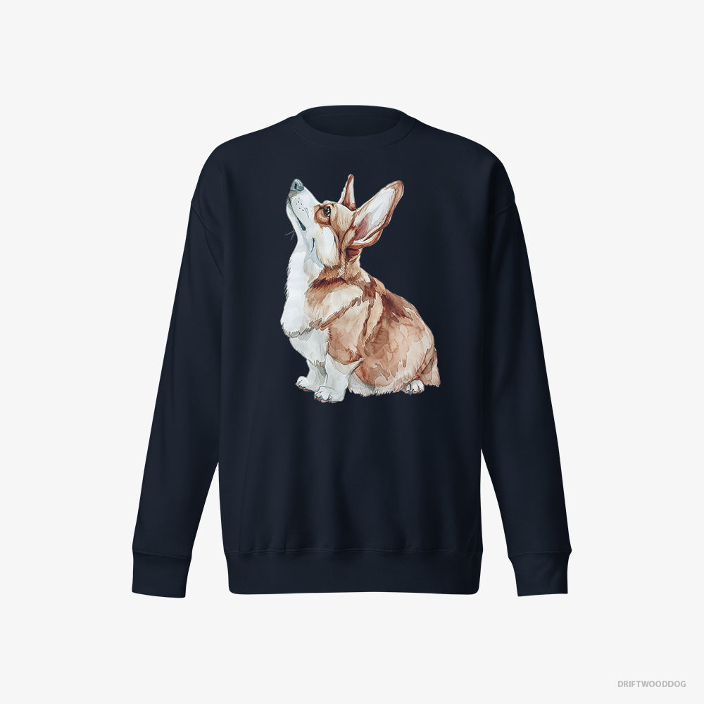 Corgi Sweatshirt – Women Navy Sweatshirt Eco-Friendly – Looking Up (on White Background)