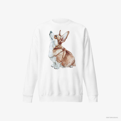 Corgi Sweatshirt – Women White Sweatshirt Eco-Friendly – Looking Up (on White Background)