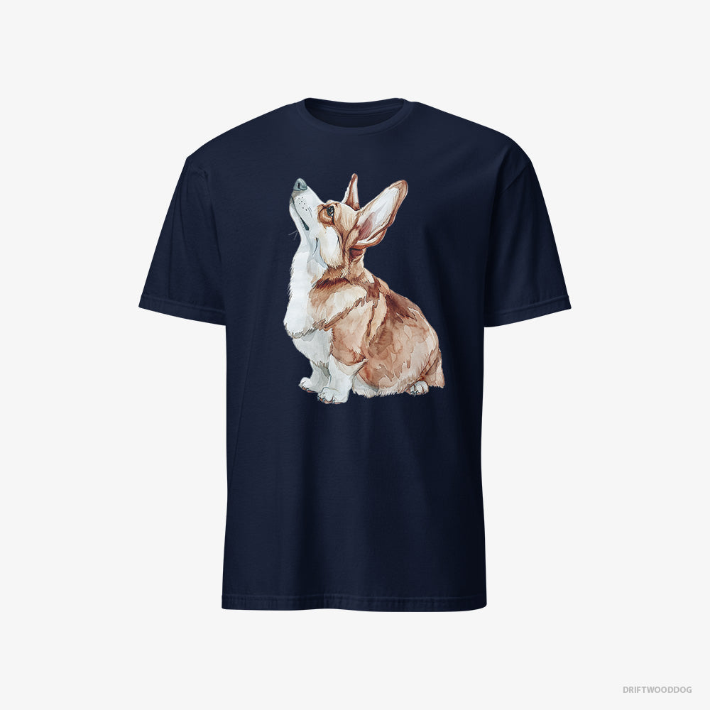 Corgi T-Shirt – Women Navy T-Shirt Classic – Looking Up (on White Background)