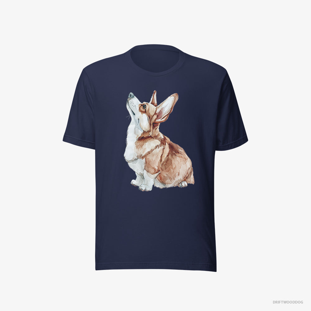 Corgi T-Shirt – Women Navy T-Shirt Eco-Friendly – Looking Up (on White Background)