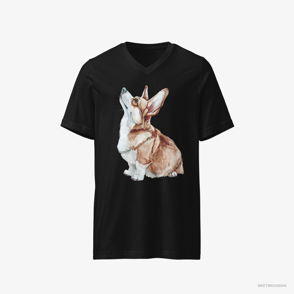 Corgi T-Shirt – Women Black T-Shirt V-Neck – Looking Up (on White Background)