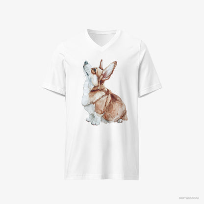 Corgi T-Shirt – Men White T-Shirt V-Neck – Looking Up (on White Background)