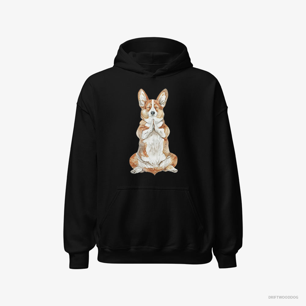 Corgi Hoodie – Men Black Hoodie Classic – Meditating during Yoga (on White Background)