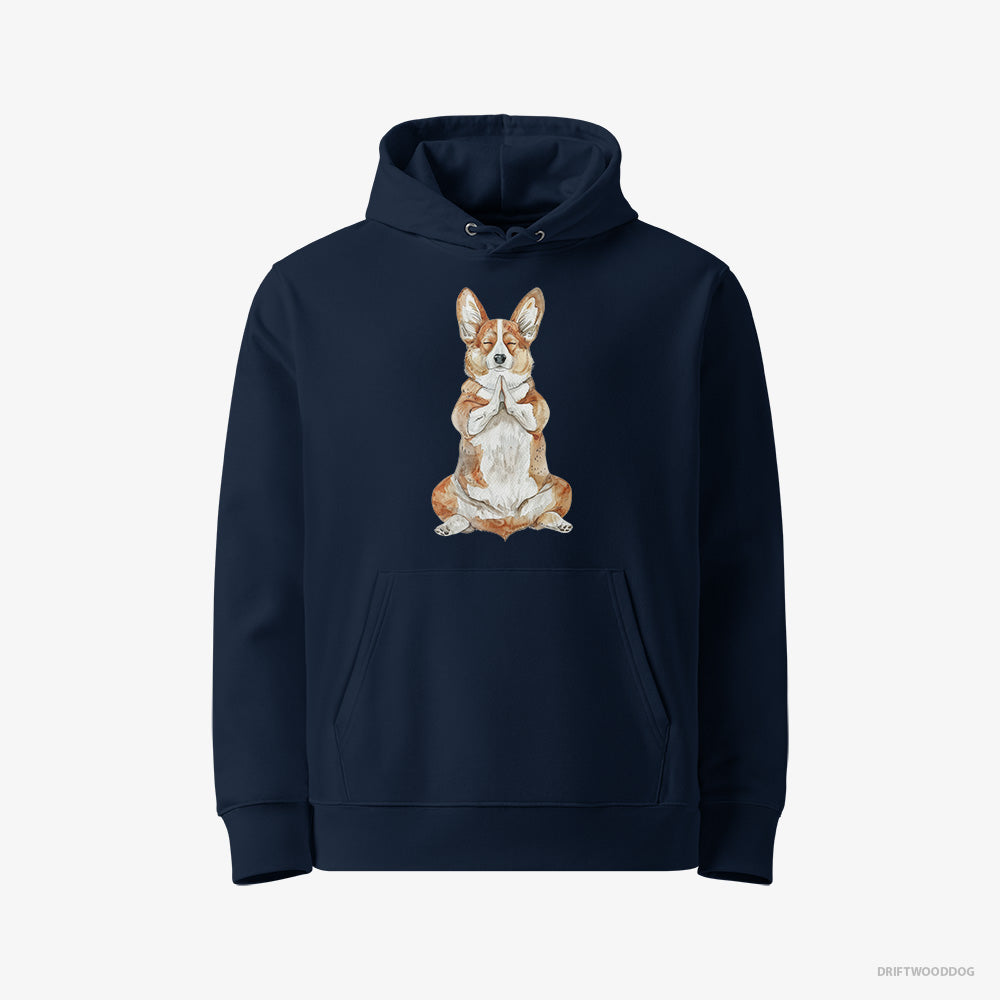 Corgi Hoodie – Women Navy Hoodie Eco-Friendly – Meditating during Yoga (on White Background)