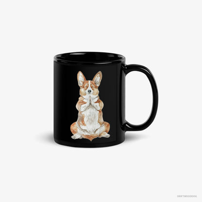 Corgi Mug – Unisex Black Mug Classic – Meditating during Yoga (on White Background)