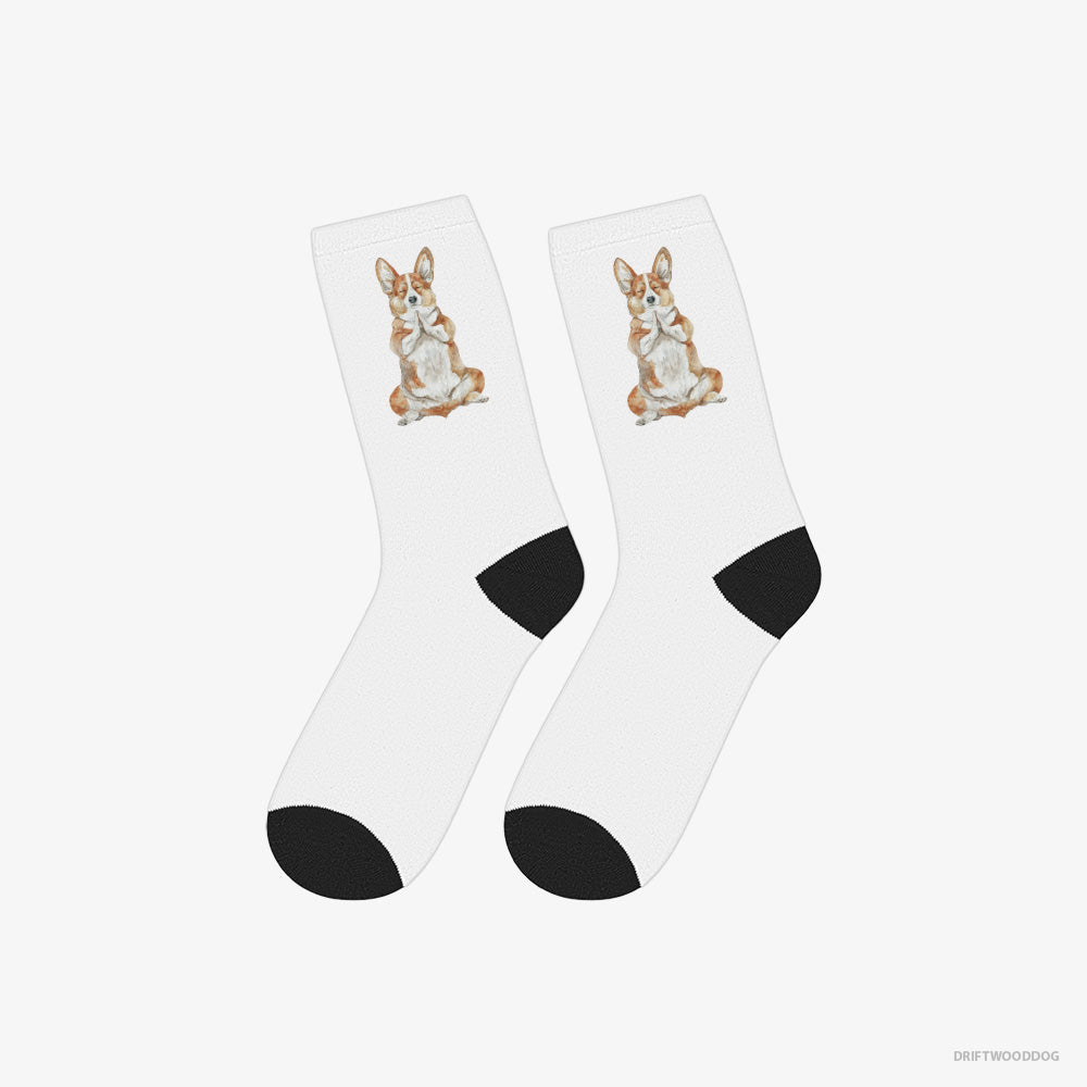 Corgi Socks – Unisex White Socks Classic – Meditating during Yoga (on White Background)