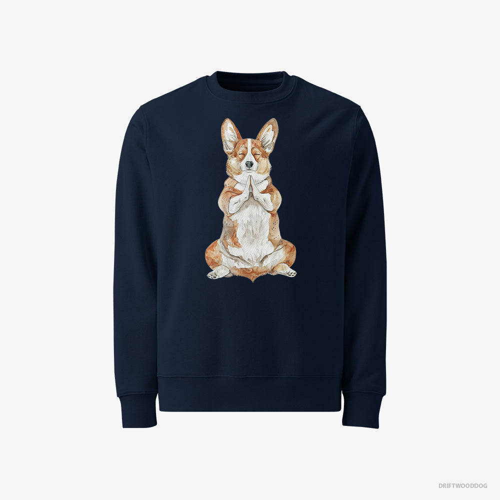 Corgi Sweatshirt – Men Navy Sweatshirt Classic – Meditating during Yoga (on White Background)