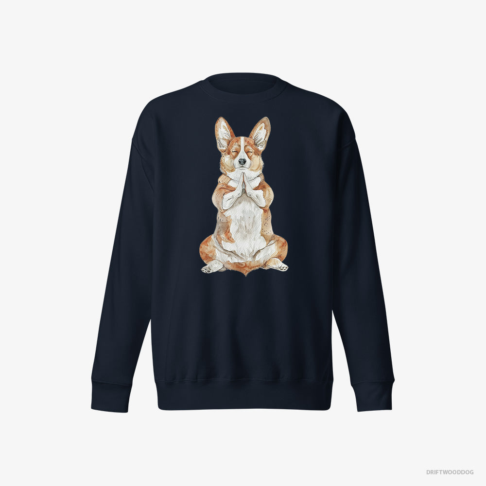 Corgi Sweatshirt – Women Navy Sweatshirt Eco-Friendly – Meditating during Yoga (on White Background)