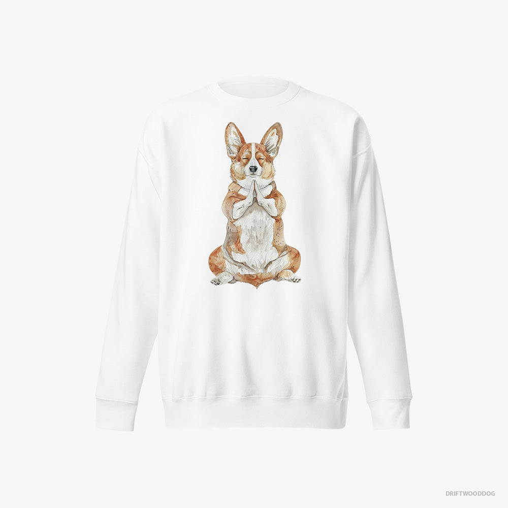 Corgi Sweatshirt – Men White Sweatshirt Eco-Friendly – Meditating during Yoga (on White Background)