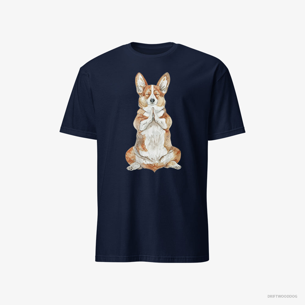 Corgi T-Shirt – Men Navy T-Shirt Classic – Meditating during Yoga (on White Background)