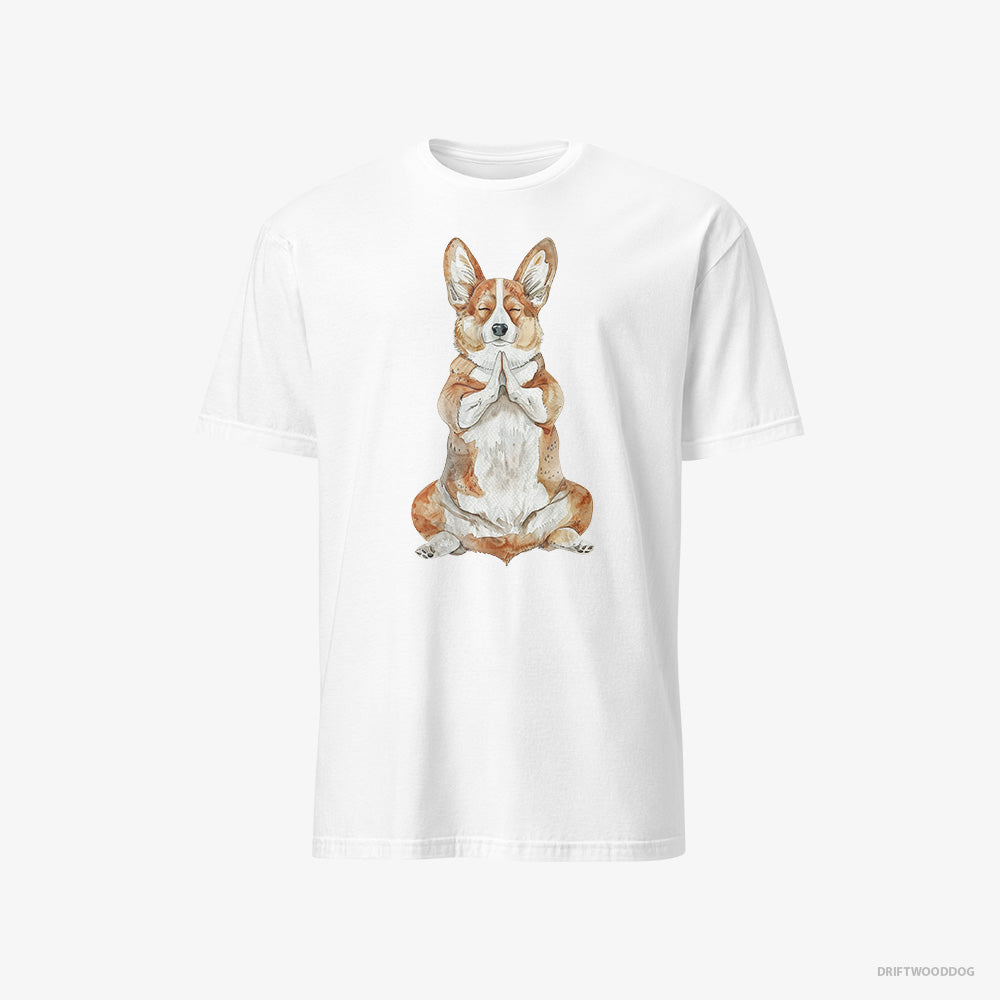 Corgi T-Shirt – Men White T-Shirt Classic – Meditating during Yoga (on White Background)