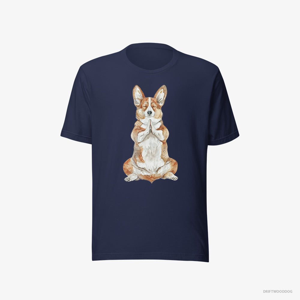 Corgi T-Shirt – Women Navy T-Shirt Eco-Friendly – Meditating during Yoga (on White Background)