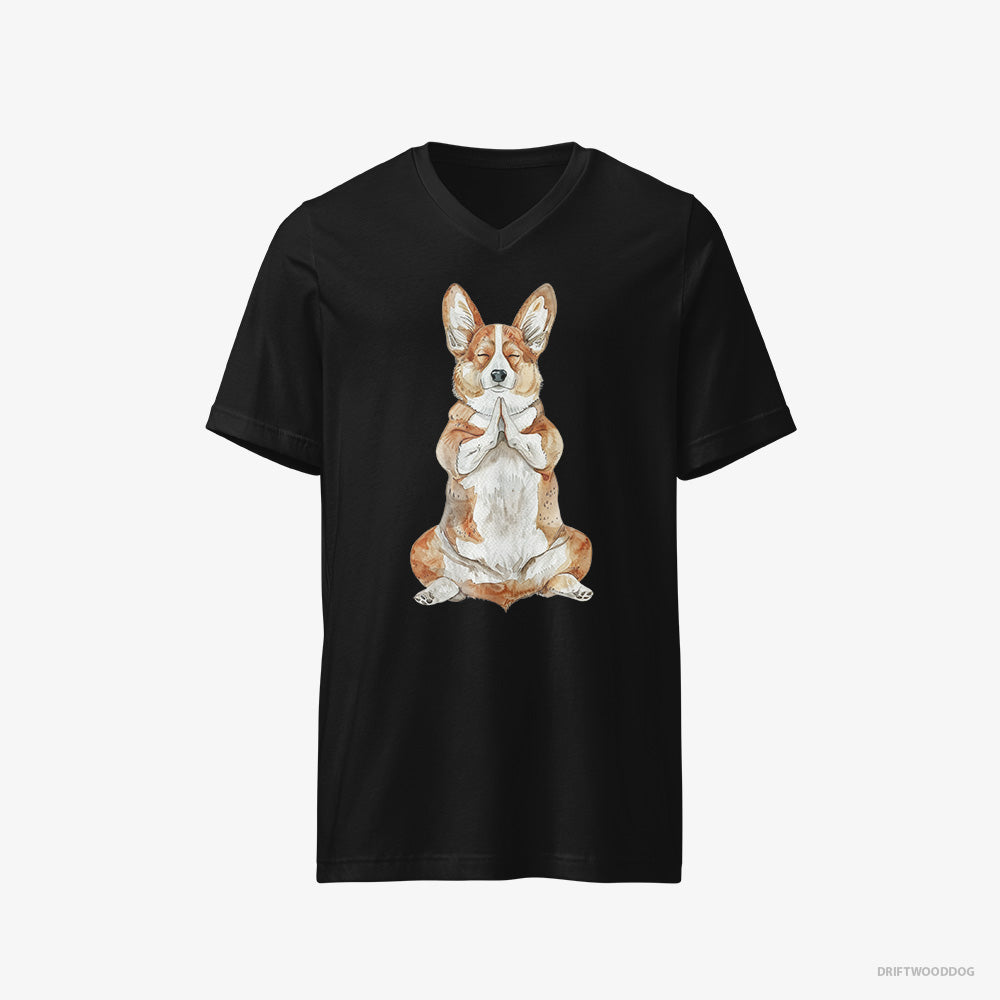 Corgi T-Shirt – Men Black T-Shirt V-Neck – Meditating during Yoga (on White Background)