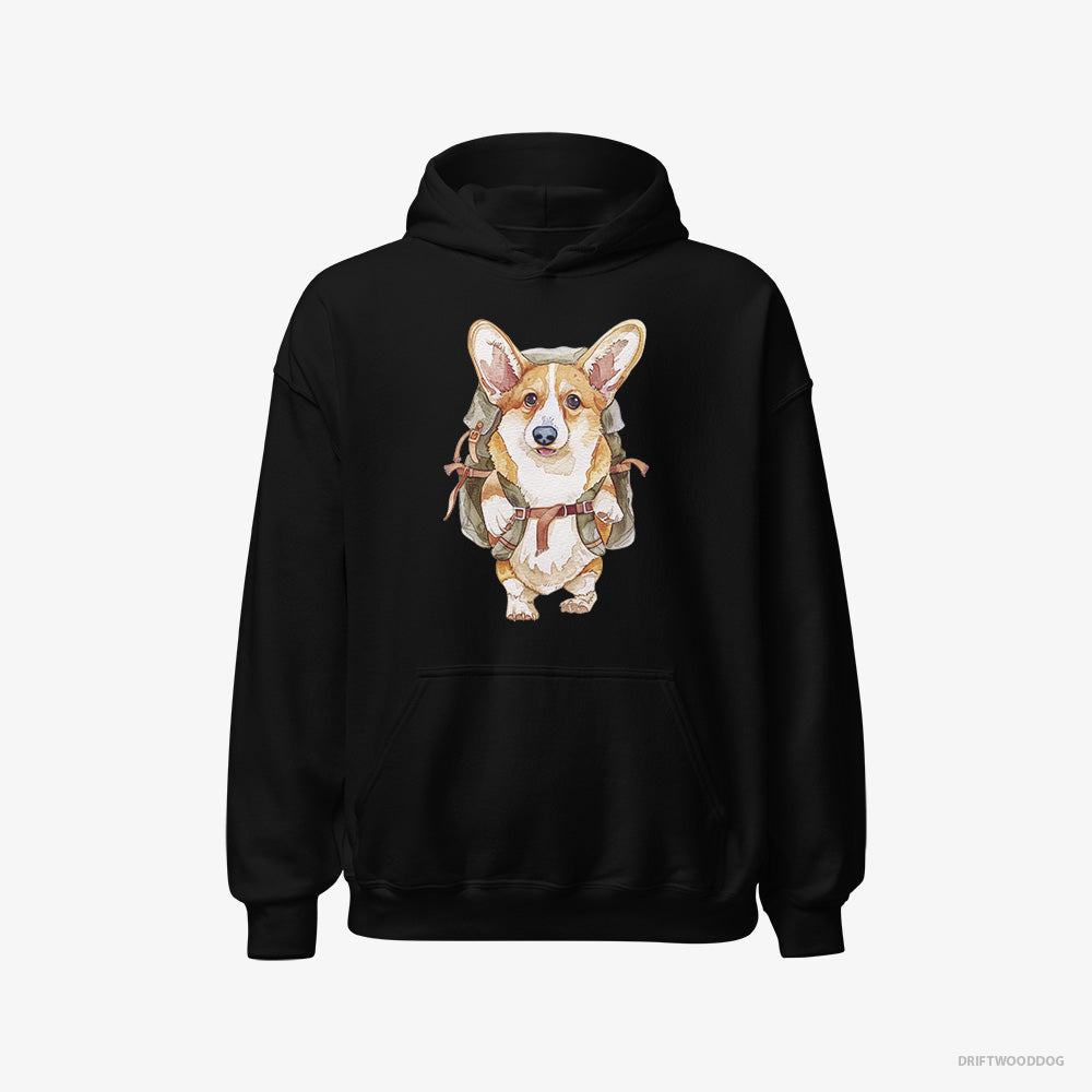 Corgi Hoodie – Men Black Hoodie Classic – with a Backpack (on White Background)