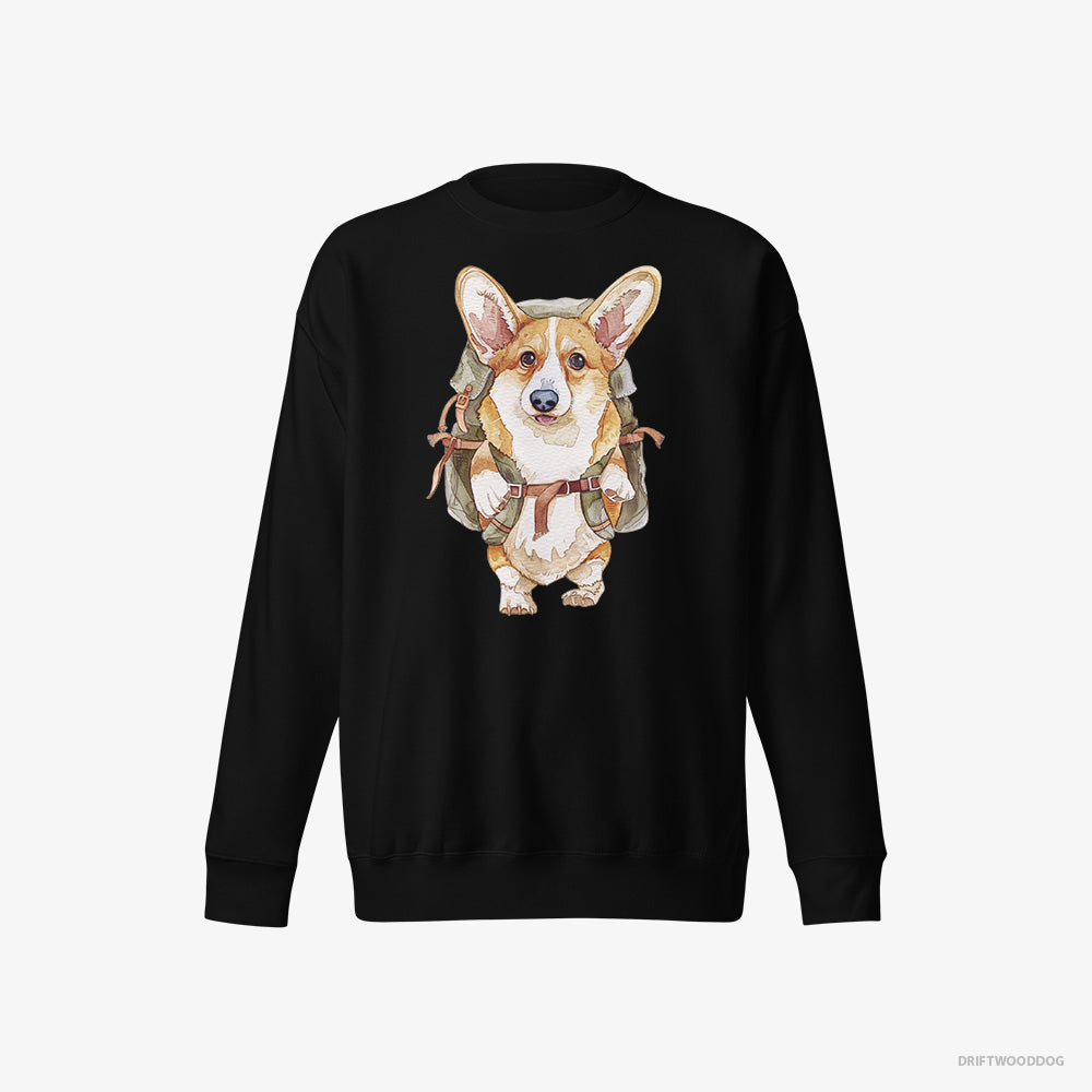 Corgi Sweatshirt – Men Black Sweatshirt Eco-Friendly – with a Backpack (on White Background)