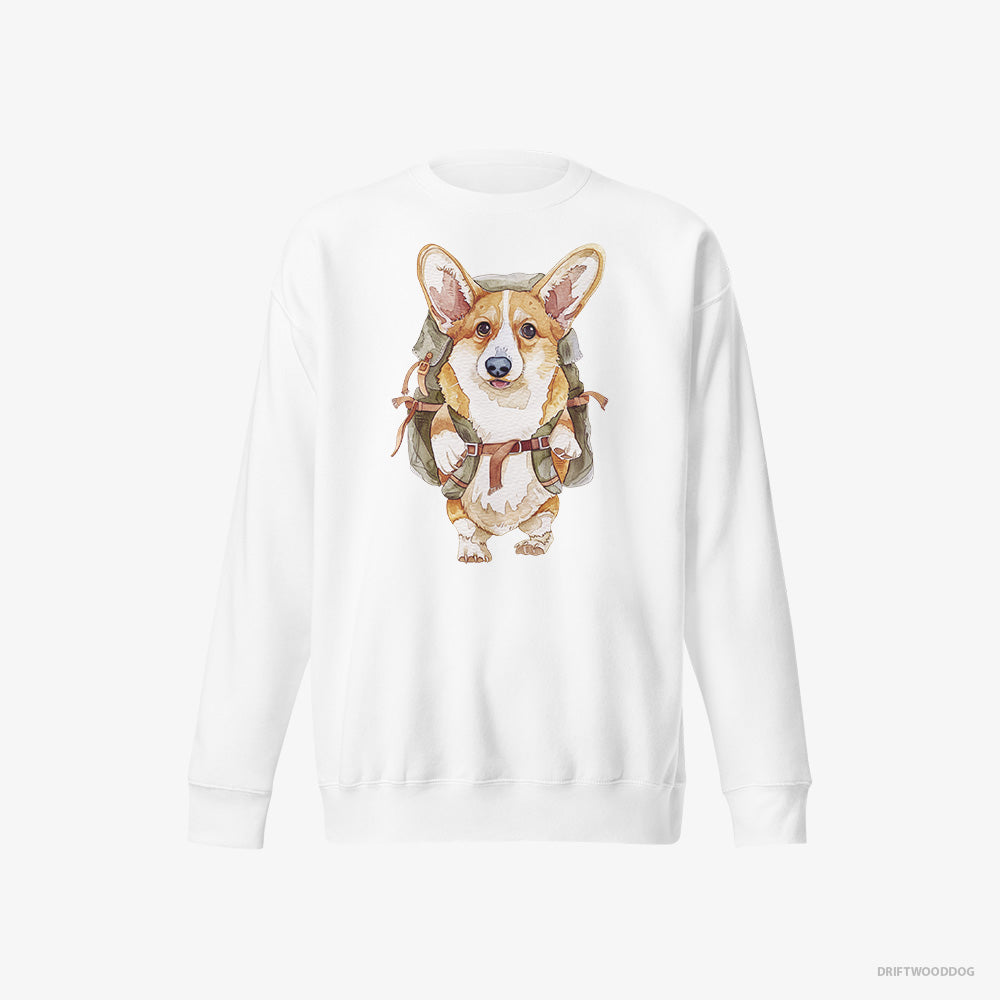 Corgi Sweatshirt – Men White Sweatshirt Eco-Friendly – with a Backpack (on White Background)