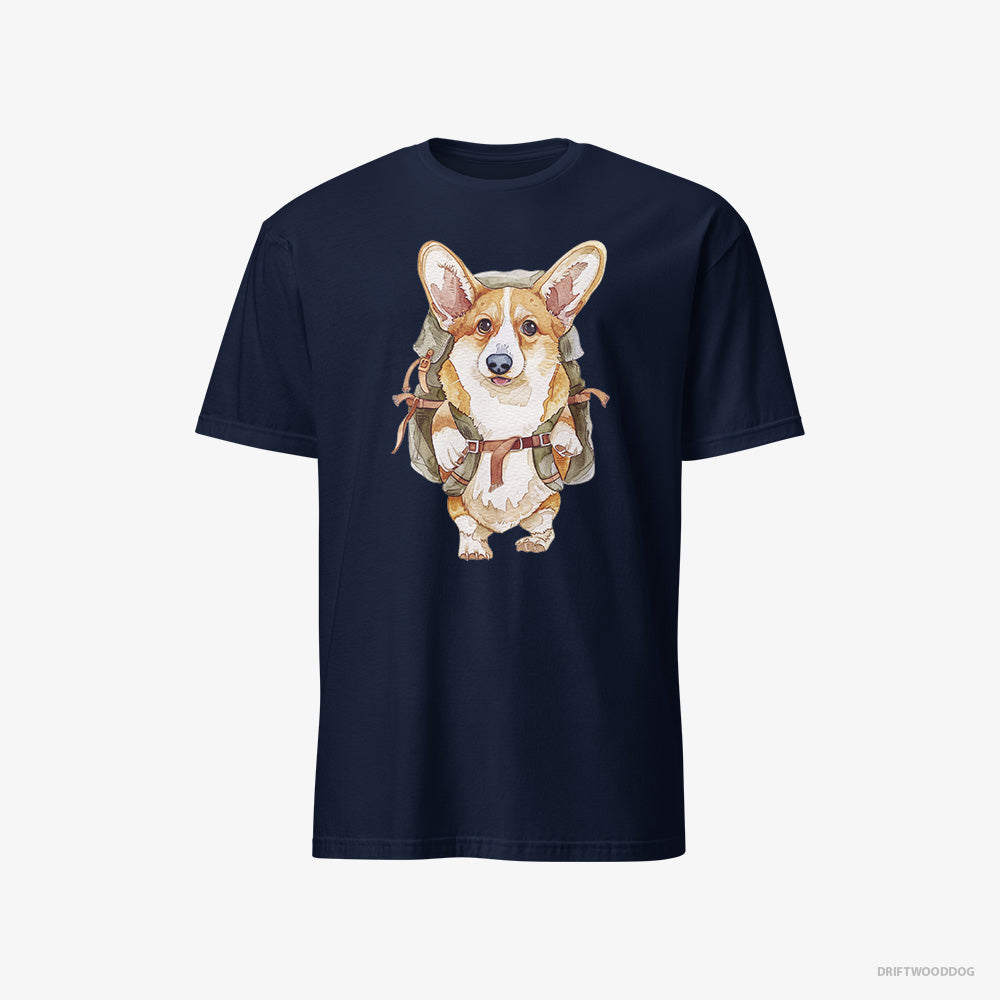 Corgi T-Shirt – Men Navy T-Shirt Classic – with a Backpack (on White Background)