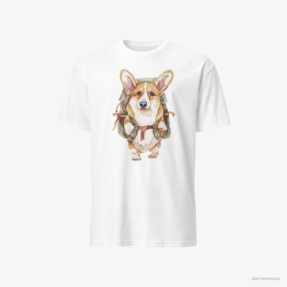 Corgi T-Shirt – Men White T-Shirt Classic – with a Backpack (on White Background)