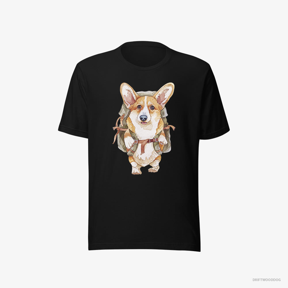 Corgi T-Shirt – Men Black T-Shirt Eco-Friendly – with a Backpack (on White Background)