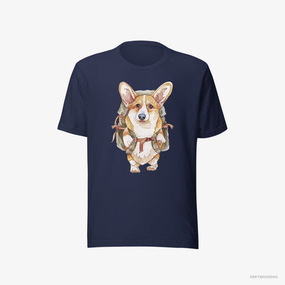 Corgi T-Shirt – Men Navy T-Shirt Eco-Friendly – with a Backpack (on White Background)