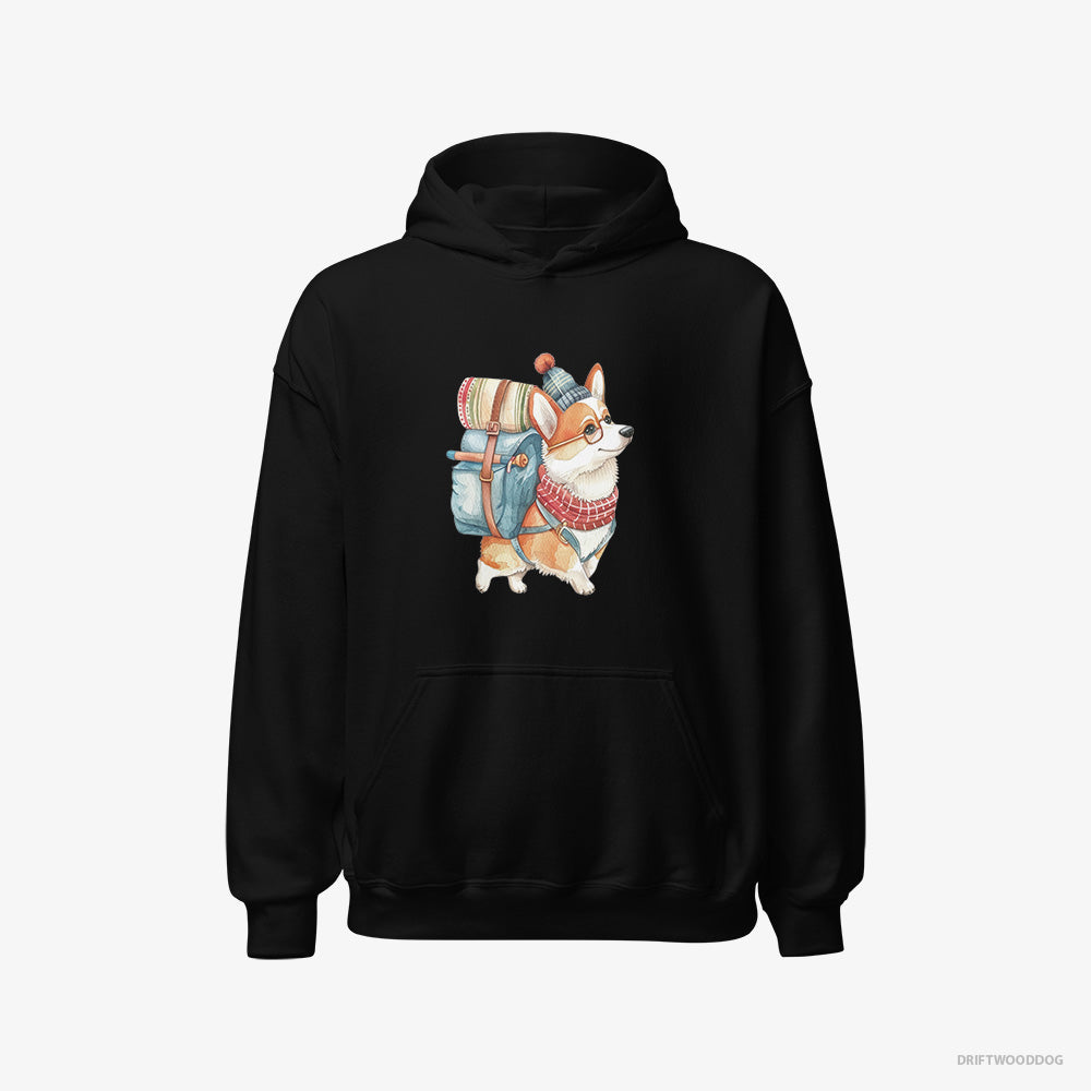 Corgi Hoodie – Women Black Hoodie Classic – Wandering with a Backpack (on White Background)