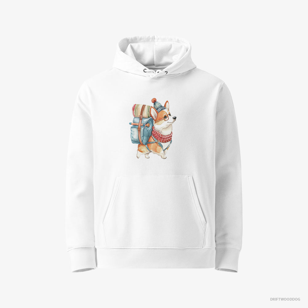 Corgi Hoodie – Men White Hoodie Eco-Friendly – Wandering with a Backpack (on White Background)