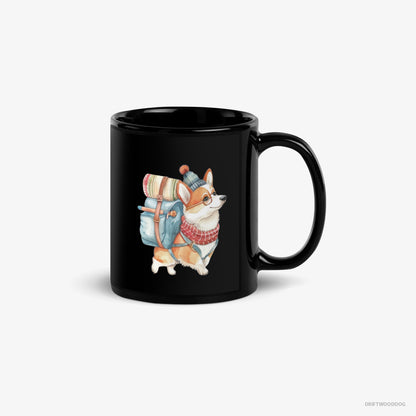 Corgi Mug – Unisex Black Mug Classic – Wandering with a Backpack (on White Background)