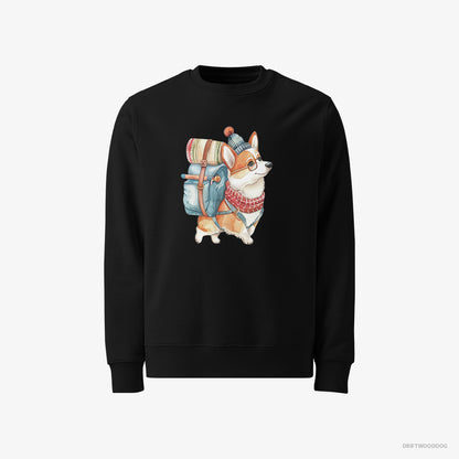 Corgi Sweatshirt – Women Black Sweatshirt Classic – Wandering with a Backpack (on White Background)