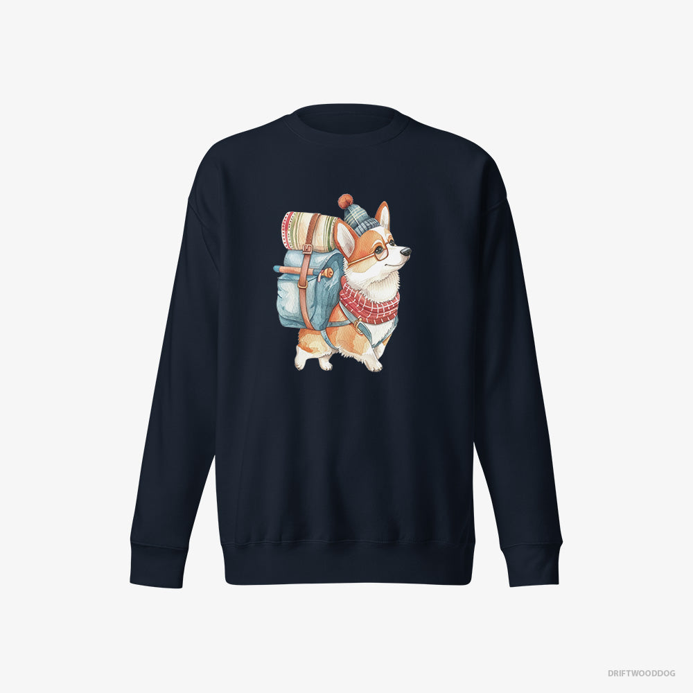 Corgi Sweatshirt – Women Navy Sweatshirt Eco-Friendly – Wandering with a Backpack (on White Background)