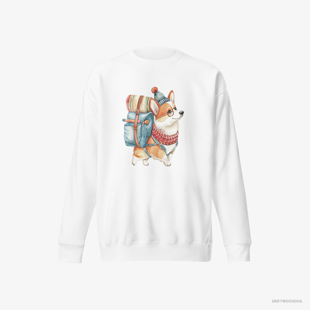 Corgi Sweatshirt – Women White Sweatshirt Eco-Friendly – Wandering with a Backpack (on White Background)