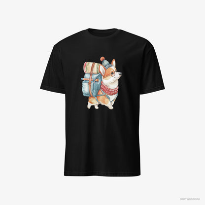 Corgi Wandering with a Backpack Black T-Shirt