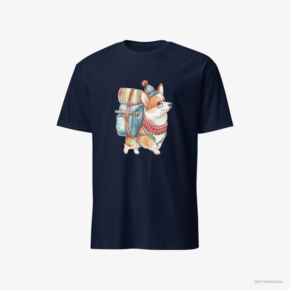 Corgi T-Shirt – Men Navy T-Shirt Classic – Wandering with a Backpack (on White Background)