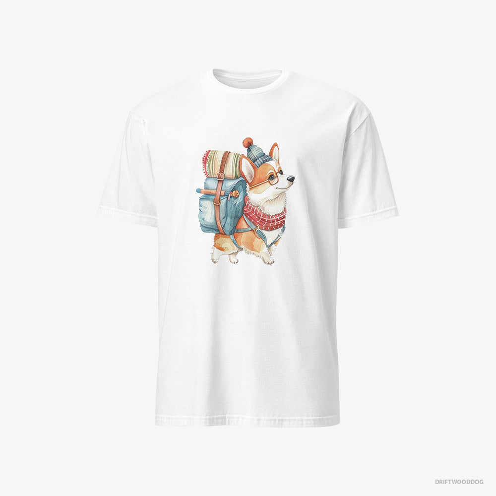 Corgi T-Shirt – Men White T-Shirt Classic – Wandering with a Backpack (on White Background)