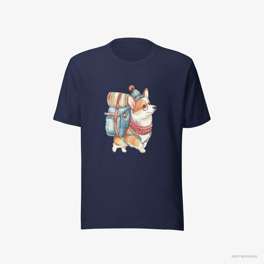 Corgi T-Shirt – Men Navy T-Shirt Eco-Friendly – Wandering with a Backpack (on White Background)