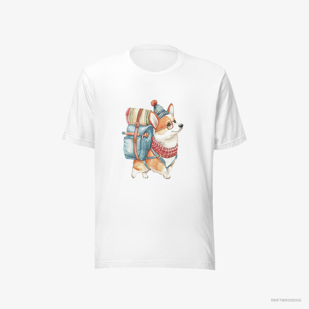 Corgi T-Shirt – Men White T-Shirt Eco-Friendly – Wandering with a Backpack (on White Background)