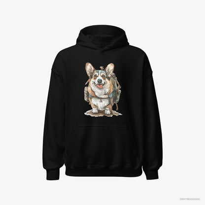 Corgi Hoodie – Men Black Hoodie Classic – Ready for Hiking (on White Background)