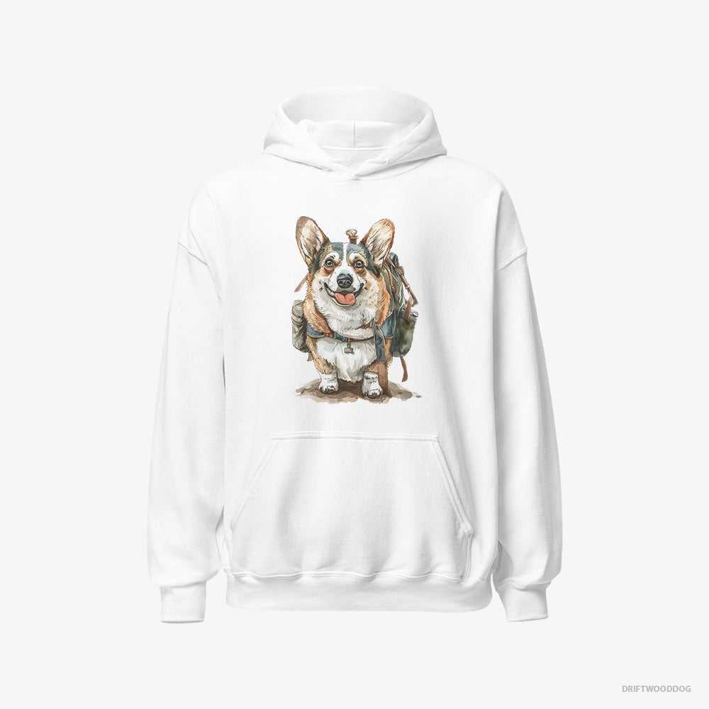 Corgi Hoodie – Women White Hoodie Classic – Ready for Hiking (on White Background)