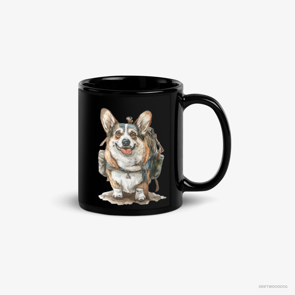 Corgi Mug – Unisex Black Mug Classic – Ready for Hiking (on White Background)