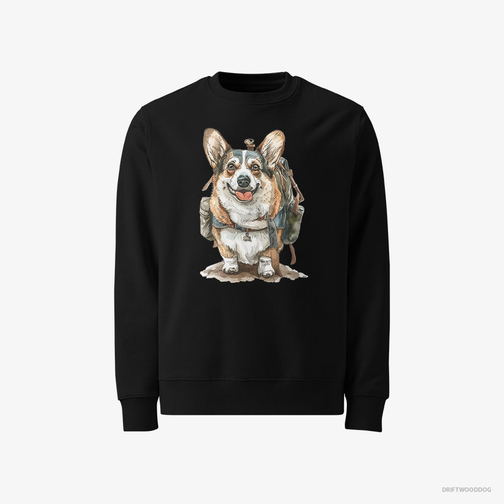 Corgi Sweatshirt – Women Black Sweatshirt Classic – Ready for Hiking (on White Background)