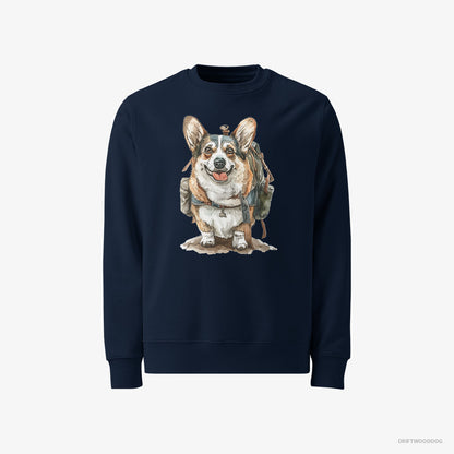 Corgi Sweatshirt – Men Navy Sweatshirt Classic – Ready for Hiking (on White Background)