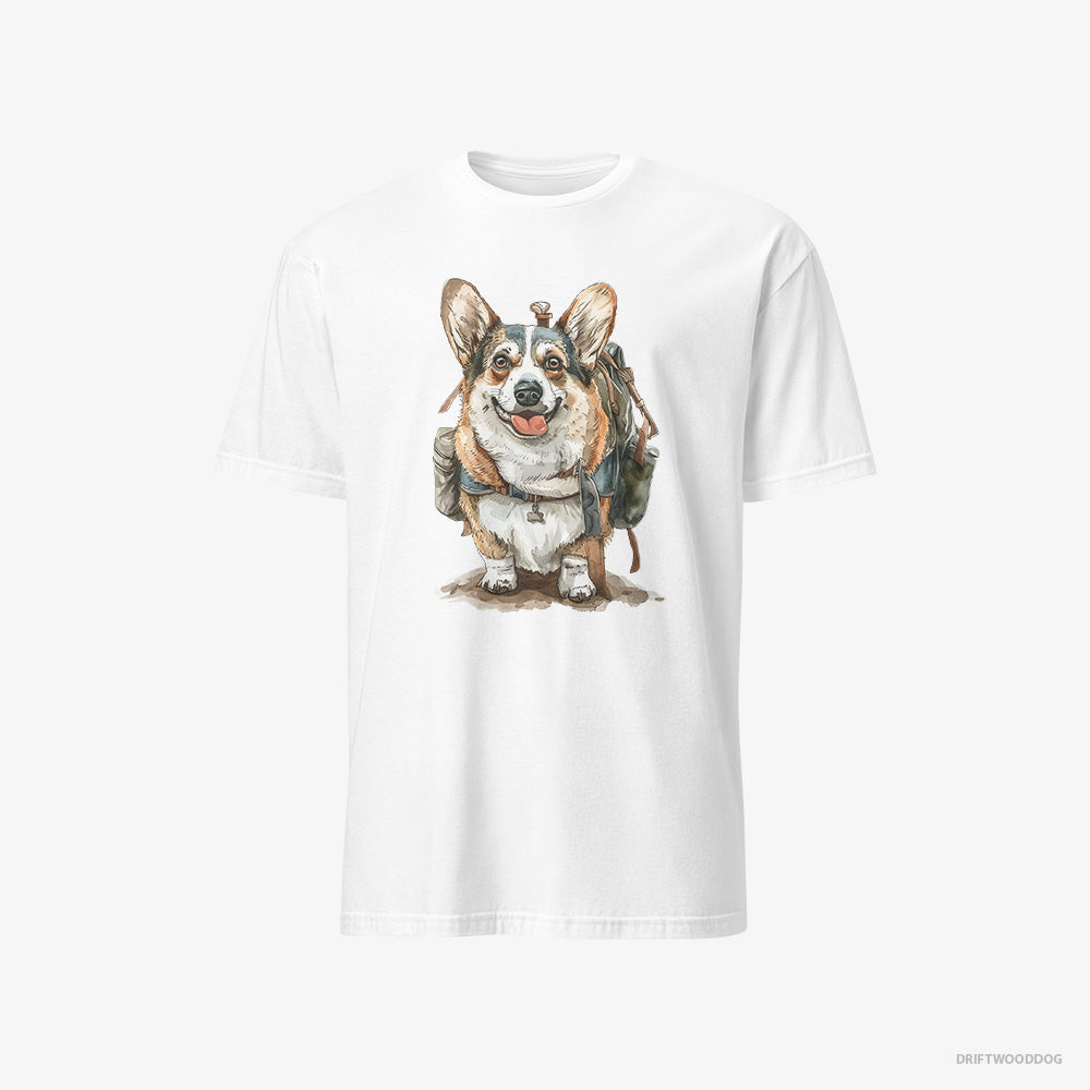 Corgi T-Shirt – Men White T-Shirt Classic – Ready for Hiking (on White Background)