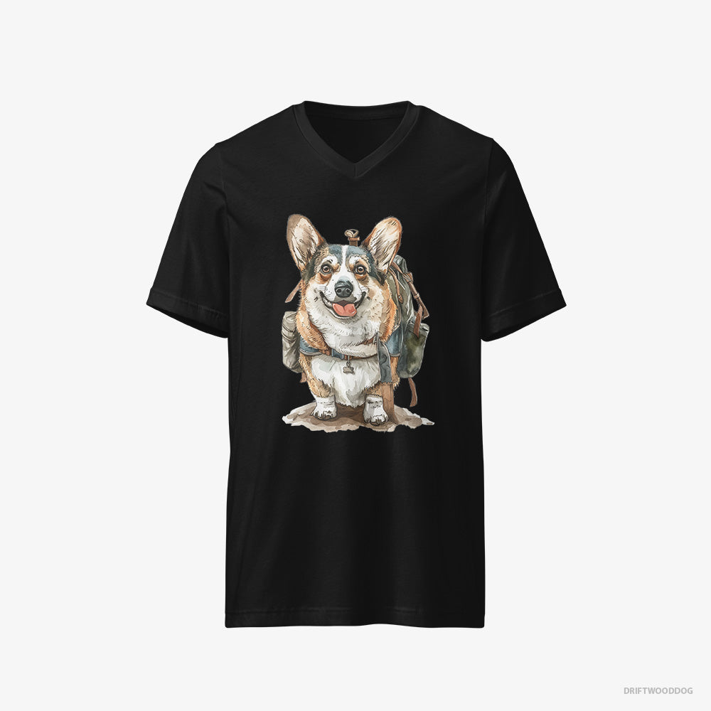 Corgi T-Shirt – Men Black T-Shirt V-Neck – Ready for Hiking (on White Background)