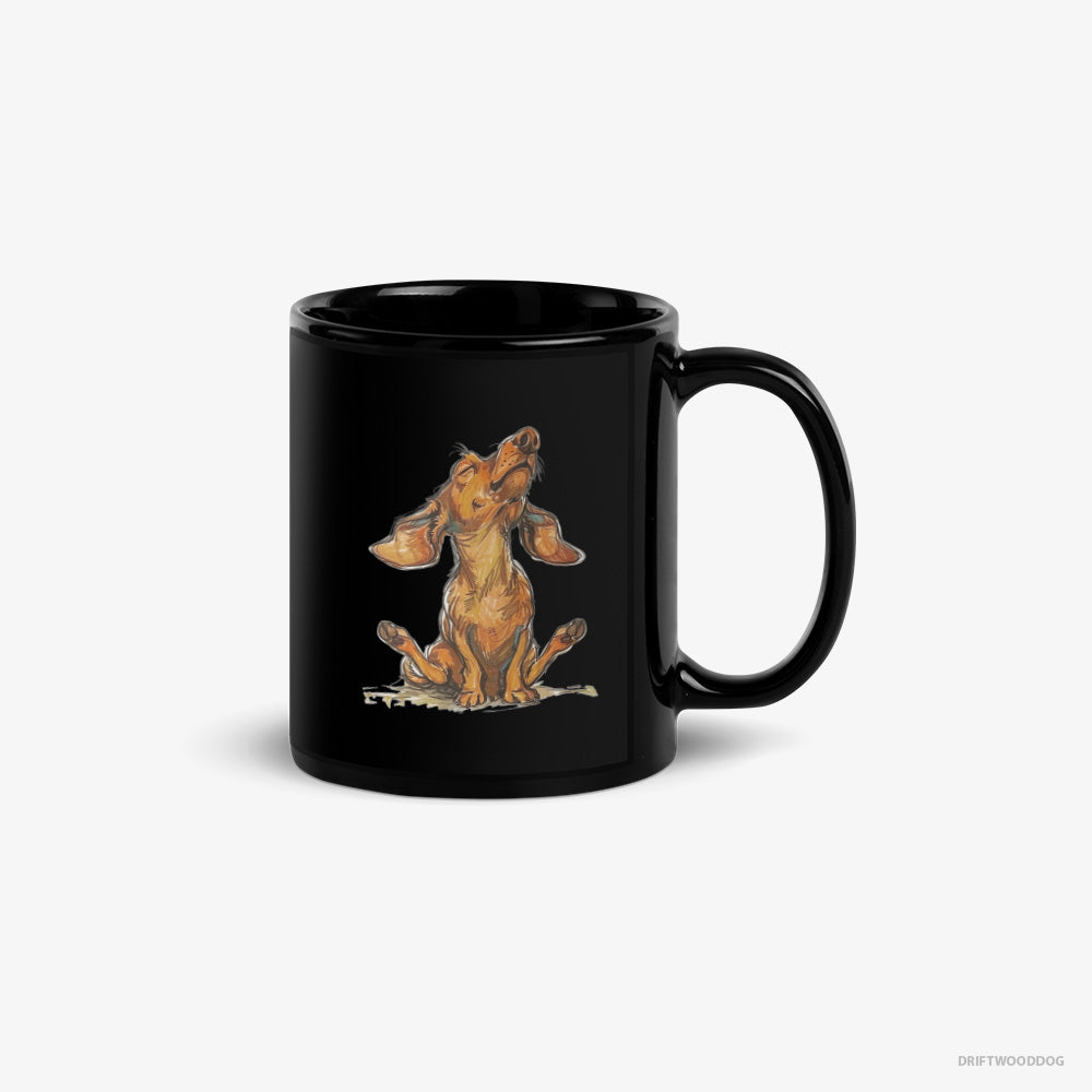 Dachshund Mug – Unisex Black Mug Classic – Doing Yoga (on White Background)