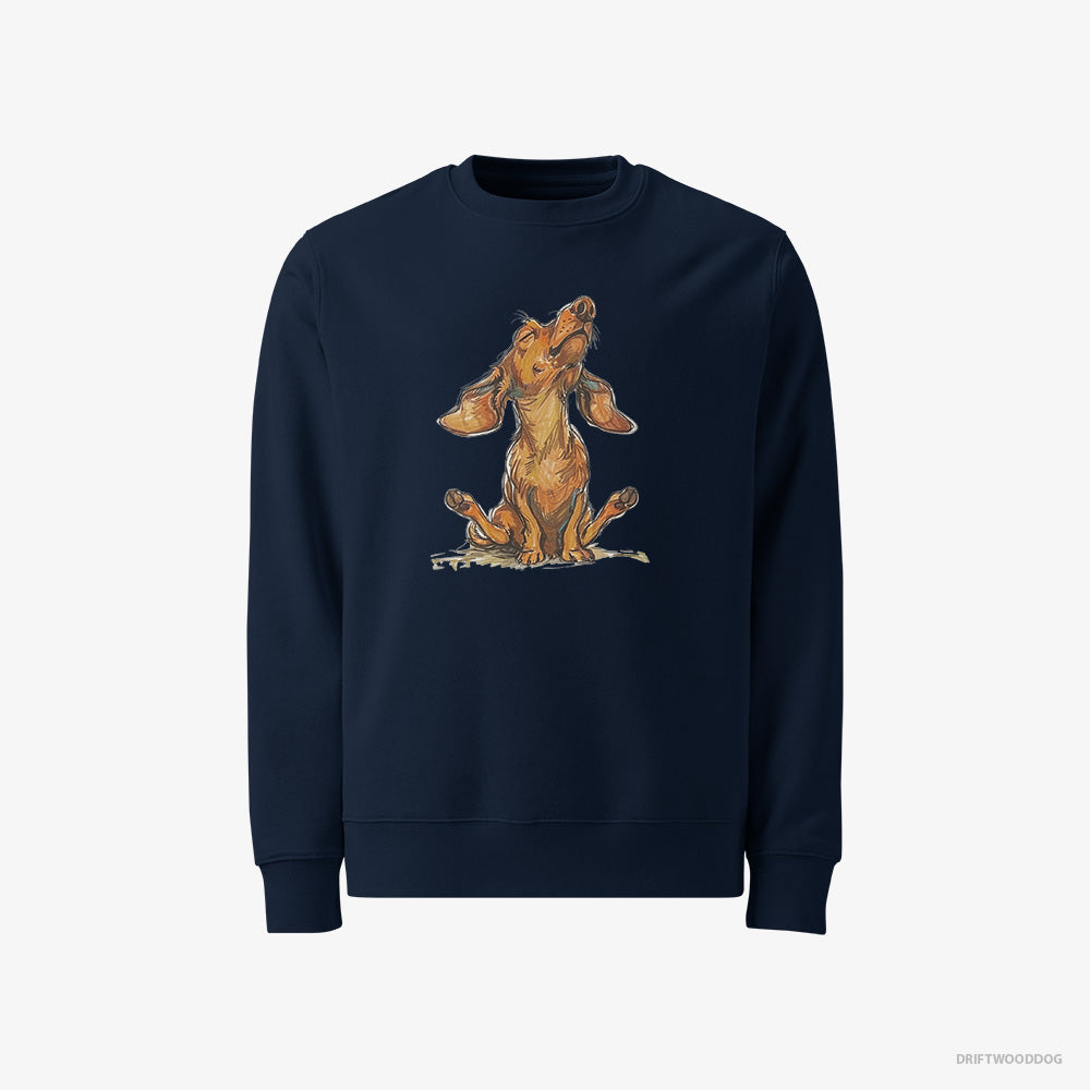 Dachshund Sweatshirt – Men Navy Sweatshirt Classic – Doing Yoga (on White Background)