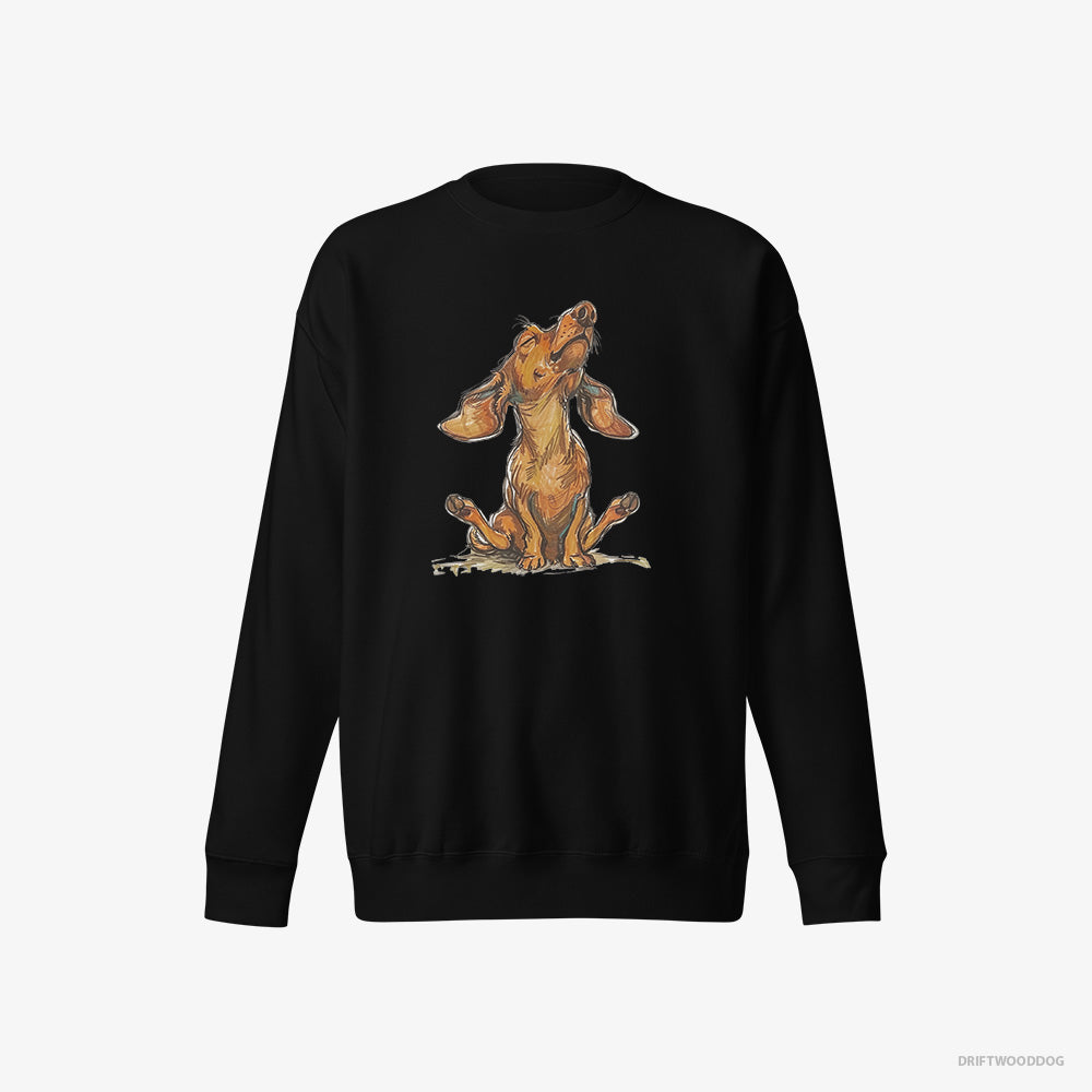 Dachshund Sweatshirt – Men Black Sweatshirt Eco-Friendly – Doing Yoga (on White Background)