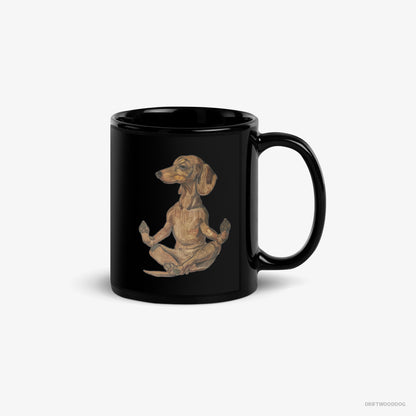 Dachshund Mug – Unisex Black Mug Classic – Meditating during Yoga (on White Background)