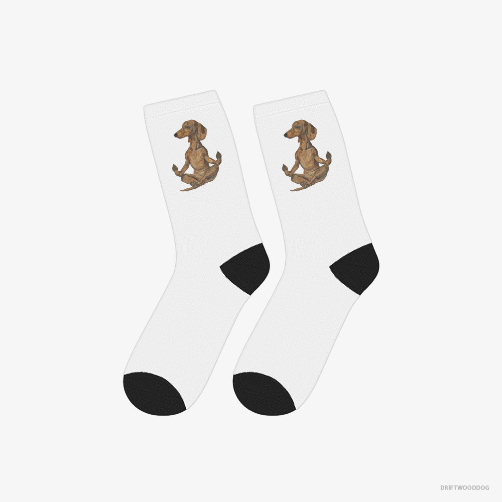 Dachshund Socks – Unisex White Socks Classic – Meditating during Yoga (on White Background)