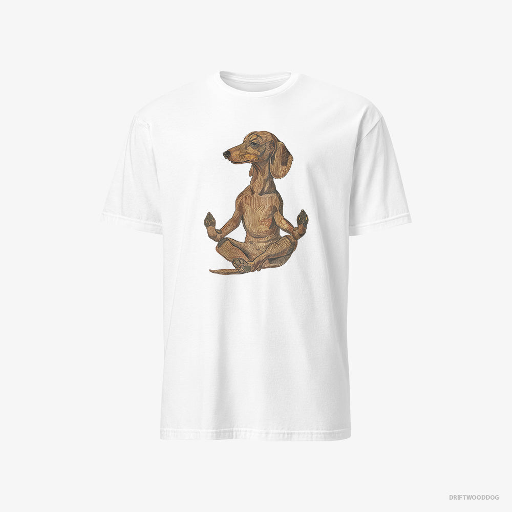 Dachshund T-Shirt – Men White T-Shirt Classic – Meditating during Yoga (on White Background)