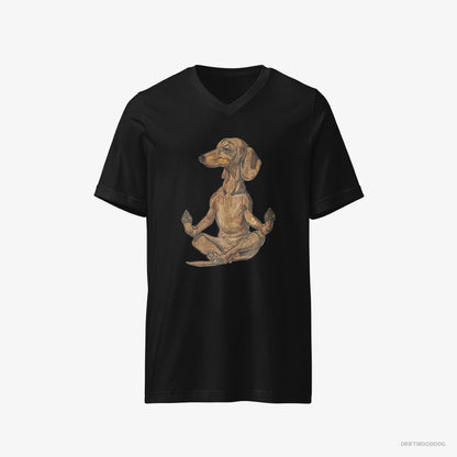 Dachshund T-Shirt – Men Black T-Shirt V-Neck – Meditating during Yoga (on White Background)